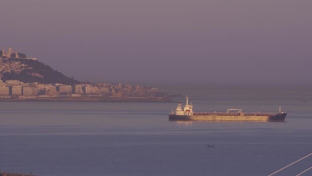Aerial view of cargo ship near the coast of Algeria.