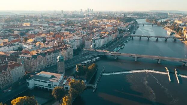 Aerial view of Dancing House and Vltava river in Czechia.
