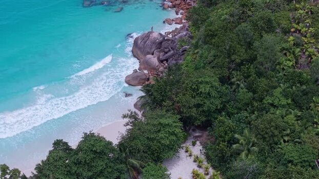 Aerial view of Anse Lazio beach and granite boulders Seychelles.