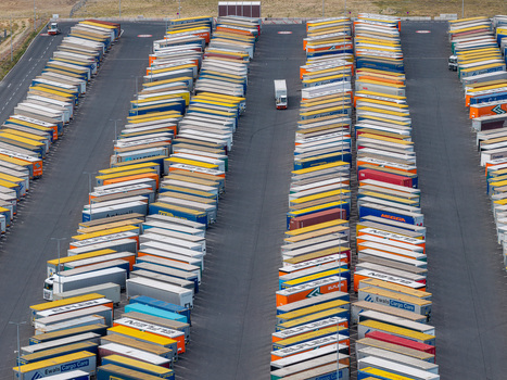 Grunheide Mark Germany 07 September 2026 Aerial view of Trailer Yard North with numerous colorful semi trailers parked in neat rows on asphalt showcasing logistics infrastructure. Grunheide Mark Germany 07 September 2026 Aerial view of Trailer Yard North with numerous colorful semi trailers parked in neat rows on asphalt showcasing logistics infrastructure.