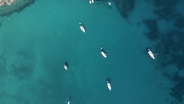 Aerial View of boats along the coast Seccheto Elba Island Tuscany Italy.