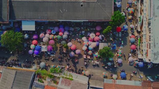 Aerial view of Pasar Pagi Pemalang market in Indonesia.