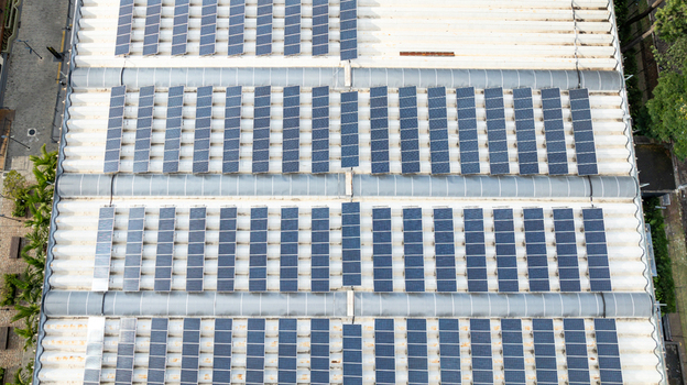 Aerial view of the solar power plant on the roof of the Mercado Livre headquarters in Osasco State of Sao Paulo Brazil.