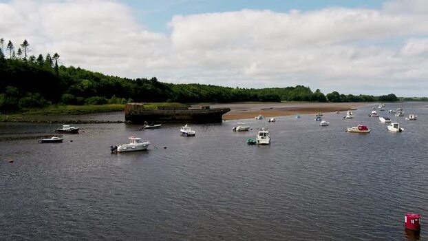 Aerial view of small boats on the River Moy in Ballina Ireland.