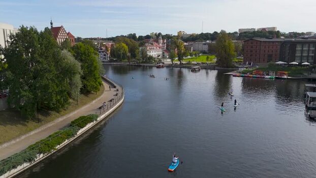 Aerial view of boats on Brda river Poland. Aerial view of boats on Brda river Poland.