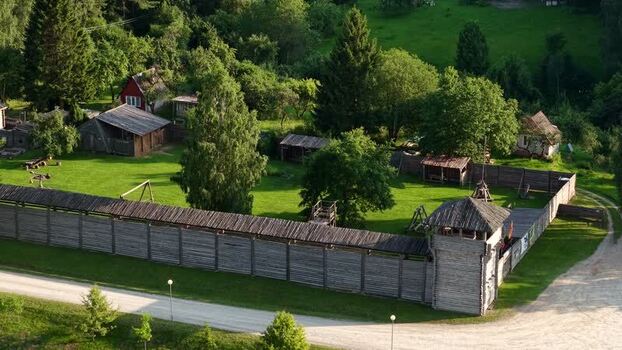Aerial view of Voruta castle in Anyksciai Lithuania.