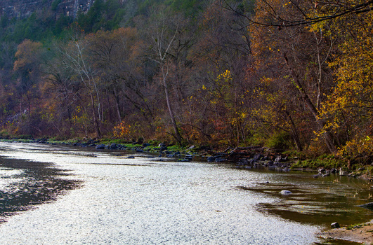 View of the river s shimmering surface reflects the golden autumn foliage along the tree lined banks in the Ozark Mountain region Arkansas United States. View of the river s shimmering surface reflects the golden autumn foliage along the tree lined banks in the Ozark Mountain region Arkansas United States.