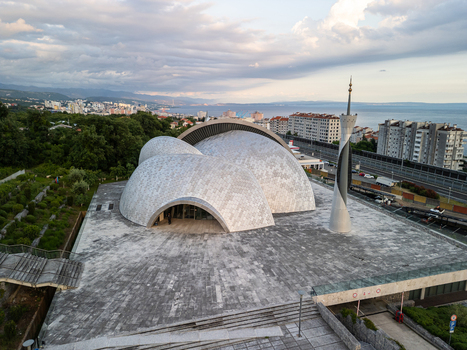 Rijeka Croatia 18 May 2025 Aerial view of the Islamic Center of Rijeka with its distinctive domed architecture and minaret set against the backdrop of the city and the Adriatic Sea. Rijeka Croatia 18 May 2025 Aerial view of the Islamic Center of Rijeka with its distinctive domed architecture and minaret set against the backdrop of the city and the Adriatic Sea.