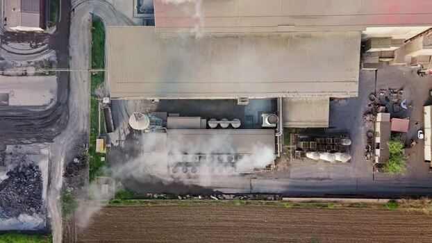 Aerial view of industrial complex with smoke Serbia.