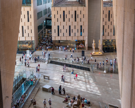 Giza Governorate Egypt 16 May 2026 View of the Grand Egyptian Museum showing the modern interior architecture with ancient statues and visitors. Giza Governorate Egypt 16 May 2026 View of the Grand Egyptian Museum showing the modern interior architecture with ancient statues and visitors.