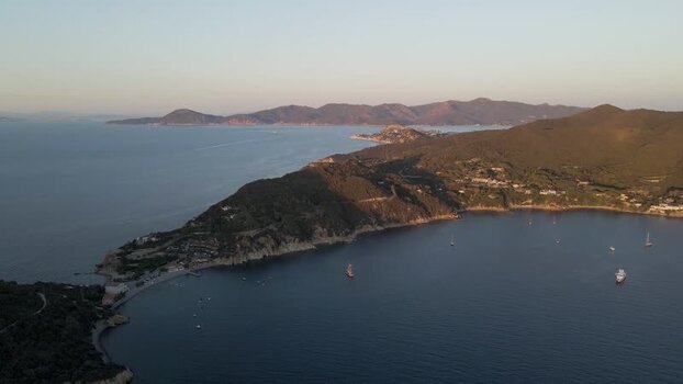 Aerial View of Capo d Enfola at sunset Elba Island Tuscany Italy.