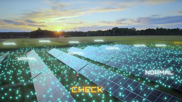 Aerial view of a solar farm with digital monitoring graphic overlay and a worker enginner in a high visibility vest during sunset Aerial view of a solar farm with digital monitoring graphic overlay and a worker enginner in a high visibility vest during sunset