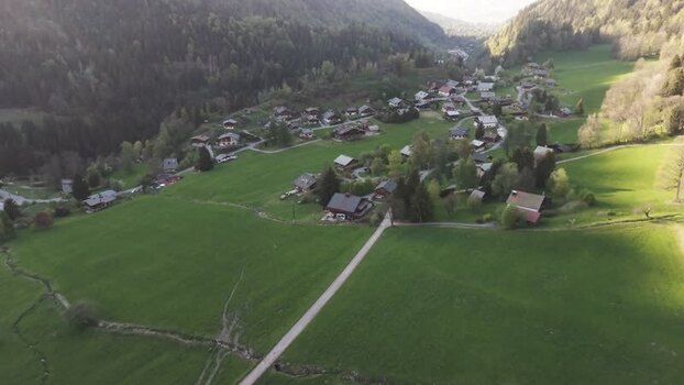 Aerial view of an alpine village in Saint Gervais les Bains France.