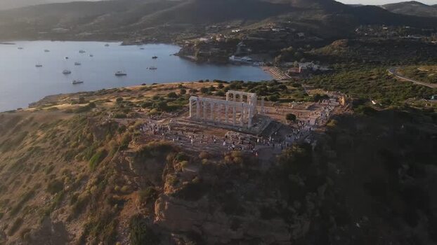 Aerial view of the Temple of Poseidon at Cape Sounion Greece.