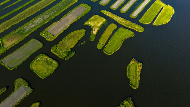 Aerial view of the Oosterdel nature reserve featuring small green islands and dark water channels in Broek op Langedijk Noord Holland Netherlands. Aerial view of the Oosterdel nature reserve featuring small green islands and dark water channels in Broek op Langedijk Noord Holland Netherlands.
