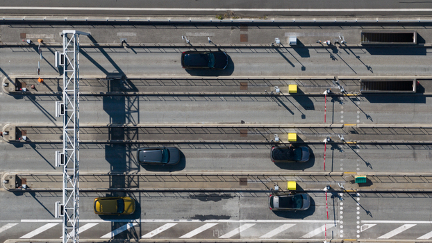 Aerial view of the Gare de Peage de Dury toll plaza with cars passing through lanes in Saleux Hauts de France France.