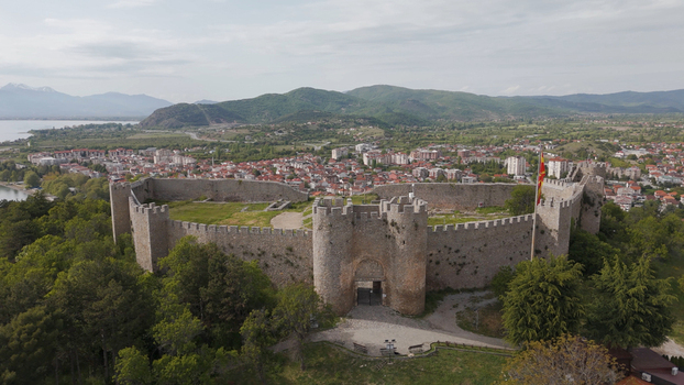 Aerial view of Samuel s Fortress with its stone walls and towers overlooking the town and Lake Ohrid in Ohrid Municipality of Ohrid North Macedonia. Aerial view of Samuel s Fortress with its stone walls and towers overlooking the town and Lake Ohrid in Ohrid Municipality of Ohrid North Macedonia.