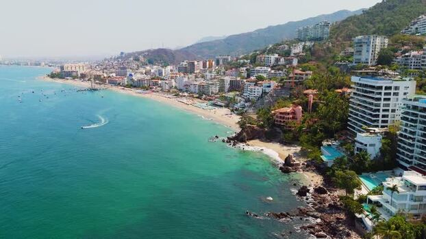 Aerial view of beachside buildings Mexico.