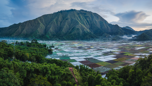 Aerial view of the Sembalun agricultural basin at the foothills of Mount Rinjani with patchwork fields lush greenery and dramatic mountain slopes Sembalun West Nusa Tenggara Indonesia. Aerial view of the Sembalun agricultural basin at the foothills of Mount Rinjani with patchwork fields lush greenery and dramatic mountain slopes Sembalun West Nusa Tenggara Indonesia.
