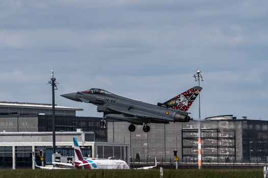 Berlin Germany 13 June 2026 View of a Eurofighter Typhoon fighter jet taking off during the ILA Berlin Air Show with a cloudy sky in the background. Berlin Germany 13 June 2026 View of a Eurofighter Typhoon fighter jet taking off during the ILA Berlin Air Show with a cloudy sky in the background.