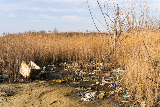 View of Lake Varna shoreline covered in plastic waste and debris with an old bathtub discarded among dry reeds in Varna Bulgaria. View of Lake Varna shoreline covered in plastic waste and debris with an old bathtub discarded among dry reeds in Varna Bulgaria.