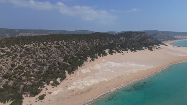 Aerial view of sandy coastline and dunes in Famagusta Northern Cyprus.