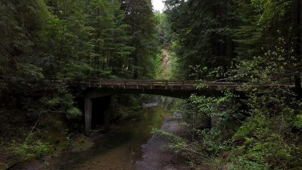 Aerial view of a bridge over a river in a forest United States. Aerial view of a bridge over a river in a forest United States.
