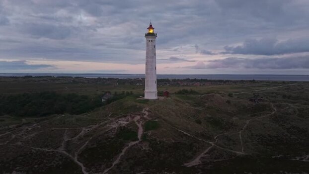 Aerial view of Lyngvig Lighthouse in Hvide Sande Denmark.