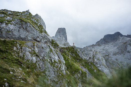 View of a solitary figure stands atop a rugged grassy ridge amidst the imposing gray peaks of a mountain range under a cloudy sky Picos de Europa Asturias Spain. View of a solitary figure stands atop a rugged grassy ridge amidst the imposing gray peaks of a mountain range under a cloudy sky Picos de Europa Asturias Spain.