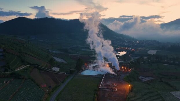 Aerial view of Dieng geothermal power plant and mountains Indonesia.