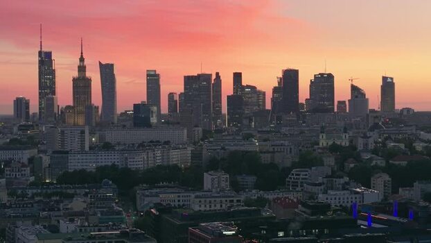 Aerial view of Warsaw skyline at sunset Poland.