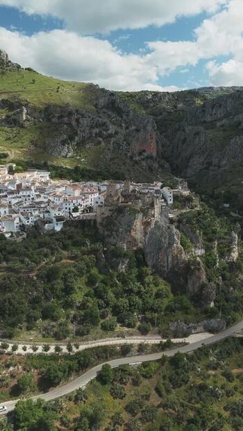 Aerial view of the white village of Zuheros and its castle Spain