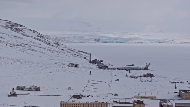 Aerial view of Pyramiden mining settlement Svalbard and Jan Mayen.