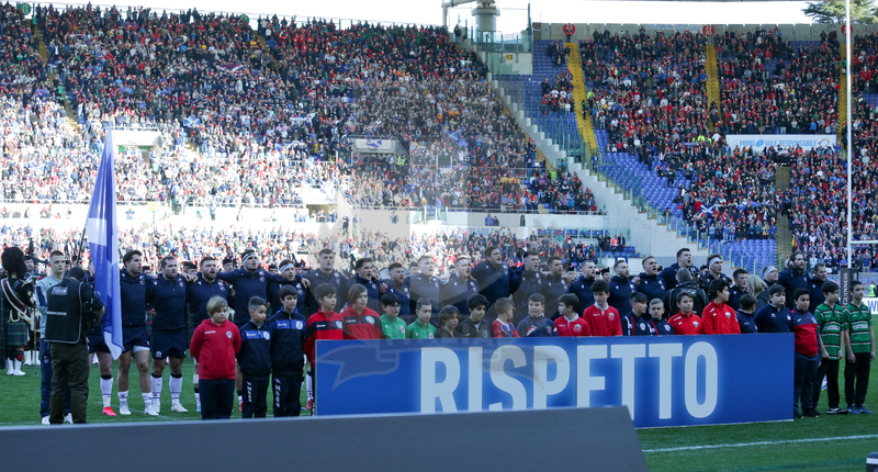 Guinness Sei Nazioni 2020, Round 3, Roma, Stadio Olimpico, 22/02/2020, Italia v Scozia. Lo schieramento della Scozia durante la cermonia degli inni. Foto Roberto Bregani/Fotosportit
