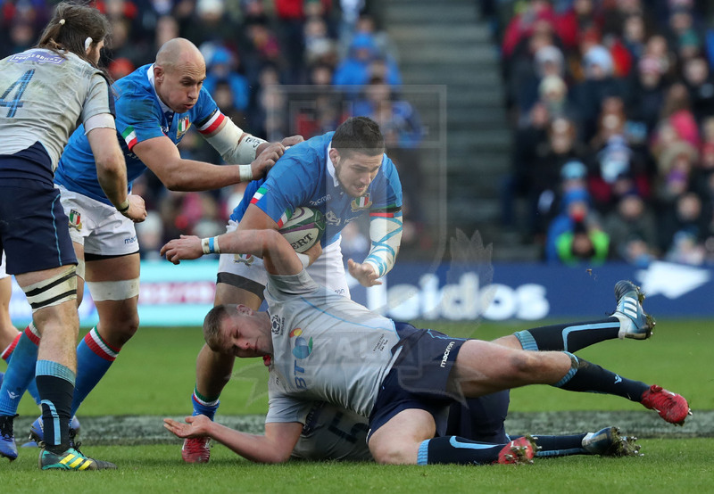 Guinness Sei Nazioni 2019, Round 1, Edimburgo, Murrayfield 02/02/2019, Scozia v Italia, Tiziano Pasqualli con Parisse in sostegno. Foto Daniele Resini/Fotosportit