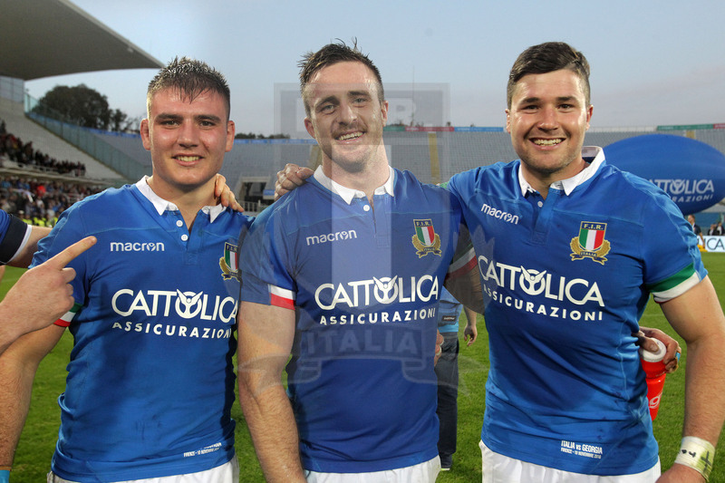 Cattolica Test Match 2018, Firenze, stadio Artemio Franchi 10/11/2018, Italia v Gorgia, festeggiamenti a fine match: Polledri, Steyn e Negri. Foto Daniele Resini/Fotosportit