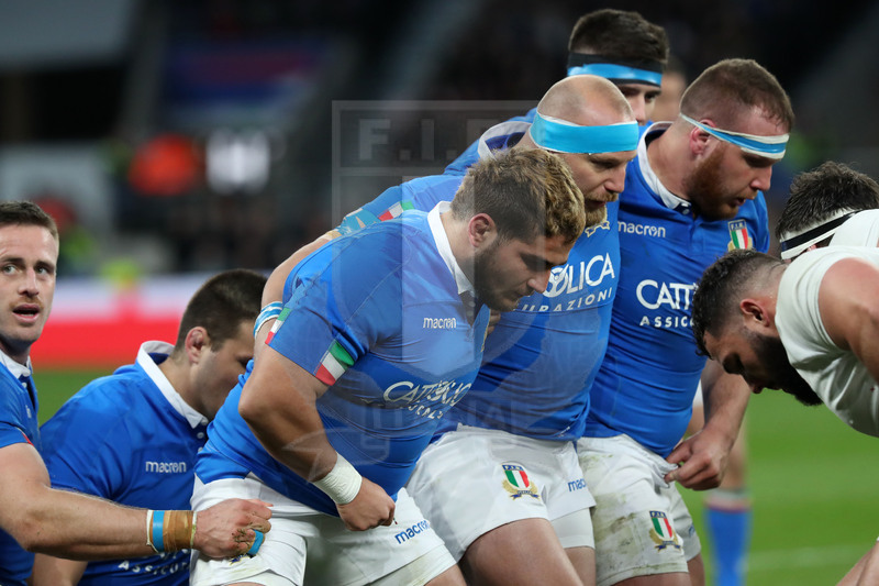 Guinness Sei Nazioni 2019, Round 4, Londra, Twickenham 09/03/2019, Inghilterra v Italia, la prima linea azzurra: Pasquali, Ghiraldini e Lovotti. Foto Daniele Resini/Fotosportit