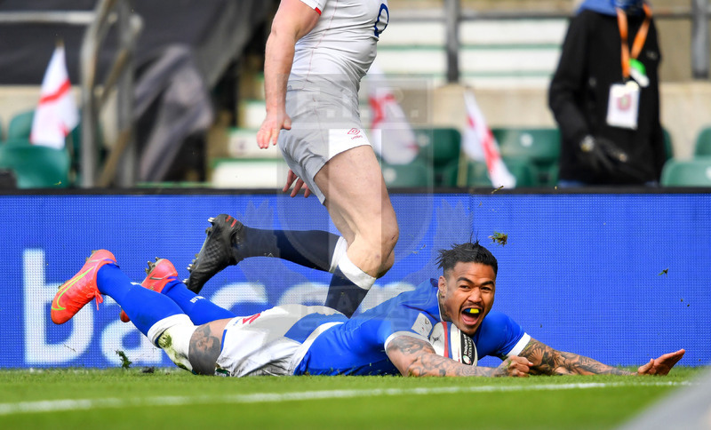 Guinness Sei Nazioni 2021, Round 2, Londra, Twickenham 13/02/2021, Inghilterra v Italia, Monty Ioane marca la prima meta azzura. Foto Graig Thomas/Fotosportit