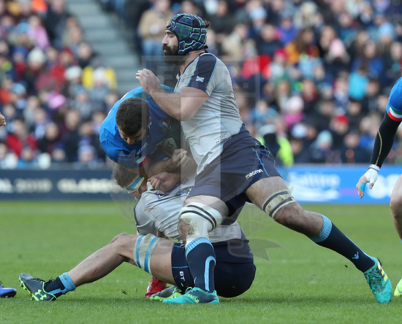 Guinness Sei Nazioni 2019, Round 1, Edimburgo, Murrayfield 02/02/2019, Scozia v Italia, placcaggio raddoppiato su Tommaso Castello. Foto Daniele Resini/Fotosportit