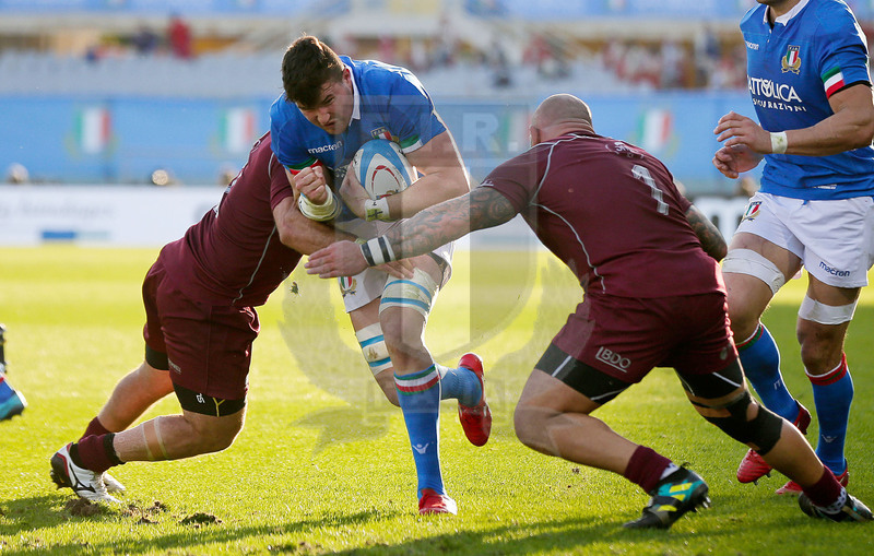 Cattolica Test Match 2018, Firenze, stadio Artemio Franchi 10/11/2018, Italia v Gorgia, Sebastian Negri su Jaba Bregvadze e Mikheil Nariashvili. Foto Roberto Bregani.