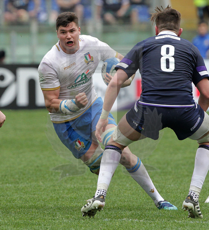 Natwest Sei Nazioni 2018, round 5, Roma stadio Olimpico 17/03/2018, Italia v Scozia, Sebastian Negri attacca la linea fronteggiato da Barclay. Foto Daniele Resini/Fotosportit