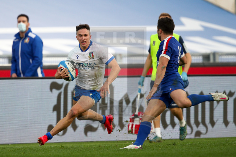 Guinness VI Nazioni 2021, Roma, Stadio Olimpico, 6/02/2021, Italia v Francia. Luca Sperandio contro Brice Dulin. Foto Roberto Bregani/Fotosportit