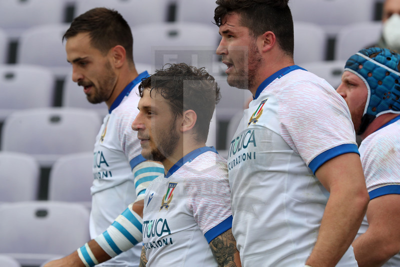 Autumn Nations Cup, Cattolica Test match 2020, Firenze, stadio Lanfranchi 14/11/2020, Italia v Scozia, Matteo Minozzi festeggiato dai compagni. Foto Daniele Resini/Fotosportit
