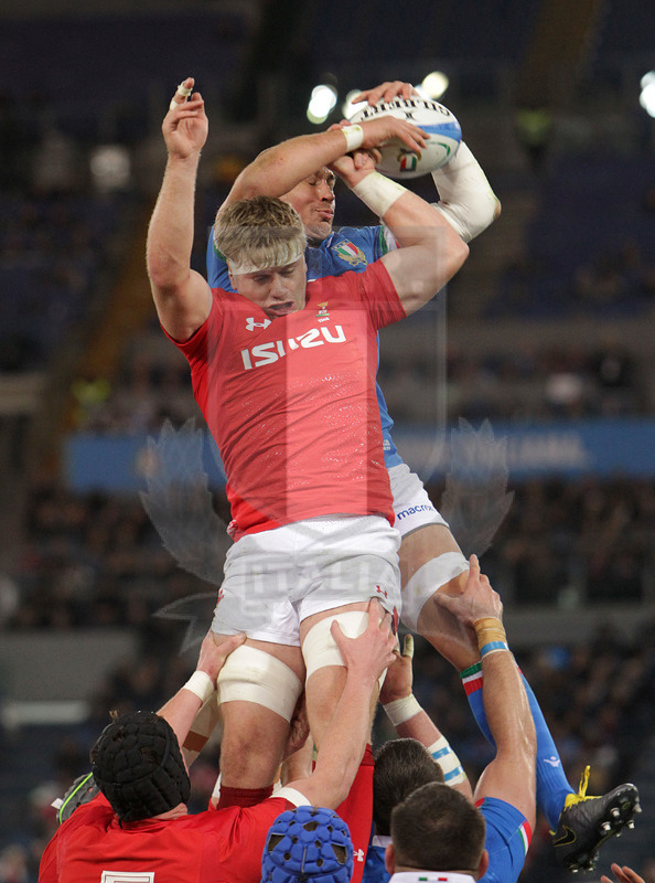 Guinness Sei Nazioni 2019, Round 2, Roma, Stadio Olimpico 09/02/2019, Italia v Galles, touche a due mani per Parisse su Wainwright. Foto Daniele Resini/Fotosportit