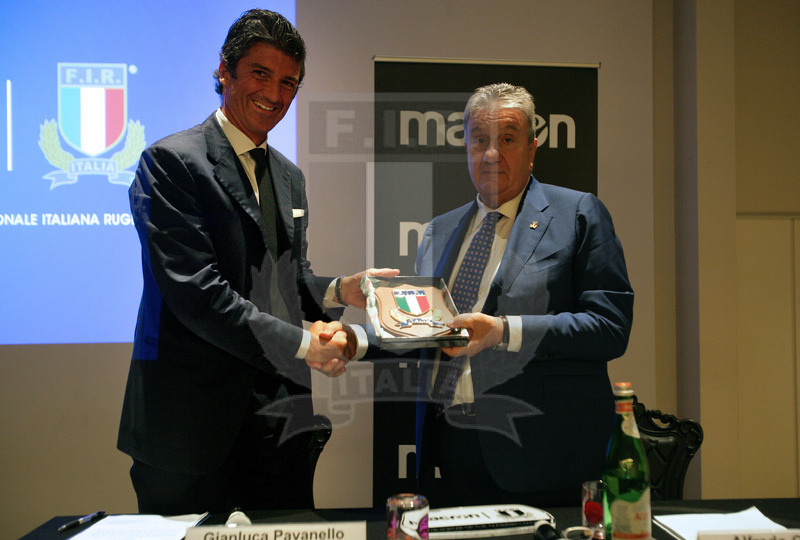 Milano, presentazione del nuovo sponsor tecnico Fir, Milano, NHOW Hotel 03/07/2017, Gianluca Pavanello, ad di Macron e il Presidente federale Alfredo Gavazzi. Foto Daniele Resini/Fotosportit
