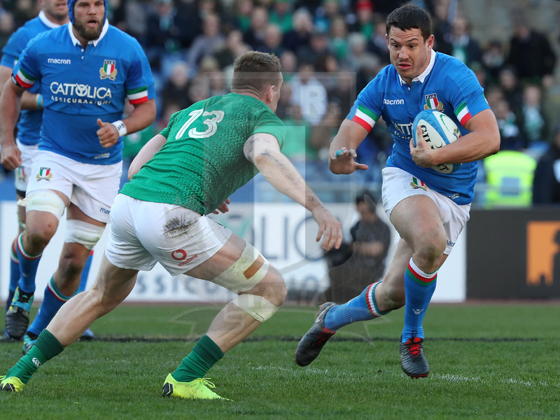 Guinness Sei Nazioni 2019, Round 3, Roma, stadio Olimpico 24/02/2019, Italia v Irlanda, Luca Morisi fronteggiato da Chris Farrell. Foto Daniele Resini/Fotosportit