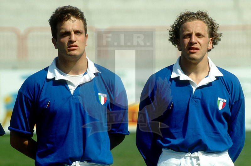 Coppa Europa Fira 1992, Rovigo, stadio Battaglini 18/04/1992, Italia v Romania, Srefano Bordon e paolo Vaccari all\