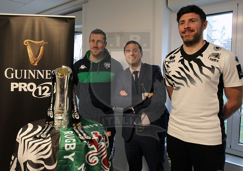 Milano, 19/12/2016, presentazione del derby fra Zebre e Benetton Treviso, i due capitani, George Biagi e Alberto Sgarbi con, al centro, Luigi Filippo Ecuba, Senior Director Sports di Discovery Southern Europe.