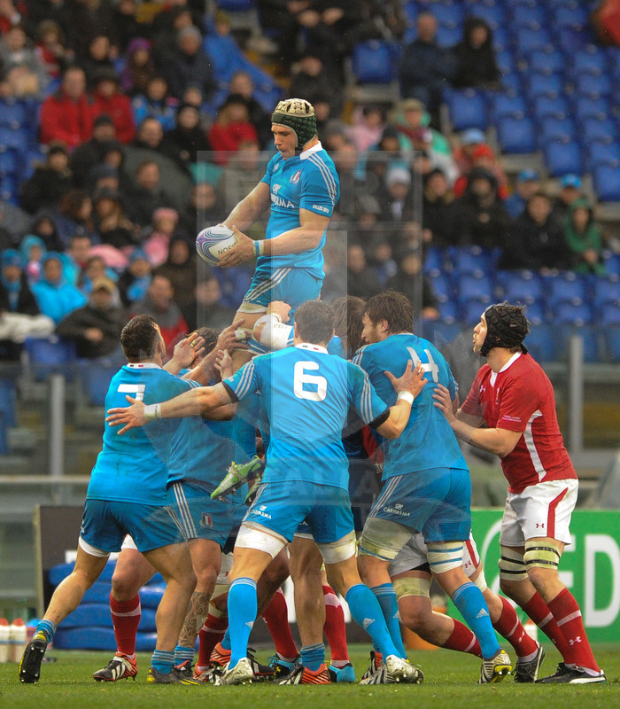 Sei Nazioni 2013, Roma, stadio Olimpico 23/02/2013, Italia v Galles, Francesco Minto conquista una touche.