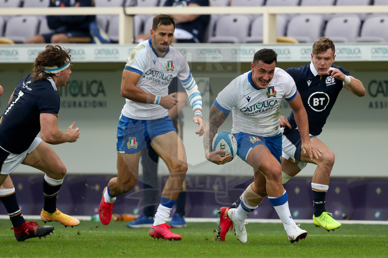 Autumn Nations Cup 2020, Cattolica Test match 2020, Firenze, Stadio Artemio Franchi, 14/11/2020, Italia v Scozia. Un attacco di Marco Zanon. Foto Roberto Bregani/Fotosportit